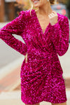 Chic Pitaya Pink Velvet Sequin Long Sleeve V-Neck Mini Dress for Women – Elegant Party Wear with Wrap Design