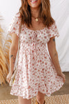 Floral Pink Mini Dress for Women with Ruffled Sleeves, Shirred Waist, and Front Tie Detail - Perfect for Summer Outings
