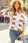Trendy Women's Khaki Checkered Ribbed O-Neck Sweater with Drop Shoulders for Effortless Style and All-Day Comfort