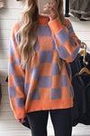 Cozy Baggy Fit Women's Grapefruit Orange Checkered Knit Sweater with Ribbed Trim for Effortless Casual Style
