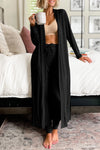 Stylish Women's Black Lounge Set: Long Split Cardigan & Slim-Fit Pants for Ultimate Comfort and Fashion
