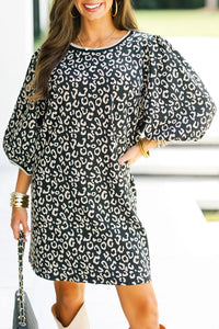 
Trendy Women's Black Leopard Print Mini Dress with Bubble Sleeves - Ideal for Day or Night Out Styling