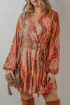 Women's Orange Boho Paisley Print Mini Dress with Long Sleeves, Pleated Design, and Belted Waist for Effortless Style