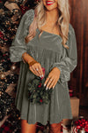 Elegant Women's Gray Velvet Babydoll Dress with Tie Back and Square Neck – Stylish, Comfortable Fit for Every Occasion