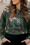 Women's Casual Chic Green Camouflage Long Sleeve Drop Shoulder Top with Textured Fabric for Effortless Style