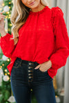 Chic Women's Fiery Red Textured Long Sleeve Blouse with Ruffles - Perfect Stylish Top for Everyday Elegance