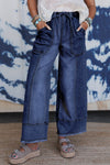 Stylish Women's Prussian Blue Wide Leg Denim Pants with Drawstring, Seam Detail, and Raw Hem for a Comfortable Fit