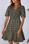 Flattering Women's Black Floral Print Mini Dress with V-Neck, Short Sleeves, and High Waist for Effortless Style