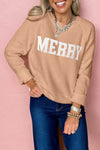 Cozy Women's Light Beige MERRY Christmas Raglan Sweater - Stylish Knitwear for Effortless Holiday Comfort