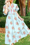 Elegant Sky Blue Floral Maxi Dress for Women with Notched Neck and Flutter Sleeves - Ideal Summer Fashion Choice