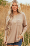 Soft Beige Women's Casual Waffle Knit Henley Top - Long Sleeve Relaxed Fit for Everyday Comfort and Style
