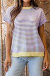 women's trendy women's purple striped colorblock t-shirt with textured collar and cuffs – stylish casual top for daily wear with practical styling and