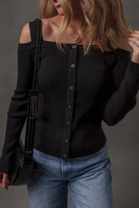 Black Ribbed Knit Cold Shoulder Button Front Sweater