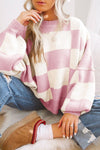 Chic Women's Pink Checkered Bishop Sleeve Sweater - Cozy Knit Pullover for Effortless Casual Style