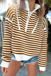 Cozy Women's Khaki Stripe Zip-Up Sweater with Drop Shoulder for Effortless Casual Chic