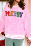 Cozy Women's Pink Chenille Sequin MERRY Graphic Pullover - Stylish Holiday Sweatshirt for Festive Outfits