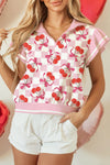 Women's Pink Checkered Polo Sweater with Cherry Bow Print, Ruffle Short Sleeves, and Contrasting Collar - Stylish & Chic