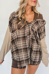 Trendy Women's Khaki Plaid Hooded Shacket with Frayed Edges - Stylish Layering Essential for Effortless Casual Looks