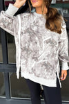 Trendy Women's Gray Leafy Abstract Print Sweatshirt with Contrast Trim & Slit - Casual Baggy Fit for Effortless Style