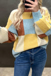 Women's Cozy Yellow Plaid Color Block Sweater - Casual Chic Knit Top for Stylish Fall Outings