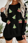 Cozy Women's Black Sequin Christmas Tree Sweatshirt with Drop Shoulders - Festive Holiday Style, Ideal Gift