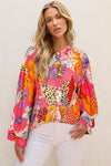 Stylish Women's Red Floral Print Ruffled Bubble Sleeve Shirt with Button Detail – Comfortable and Trendy Fit