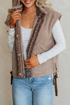 Cozy Chic Women's Goat Sherpa Vest with Pockets, Contrast Trim, Button Down Closure, and Drawstring Side Slit