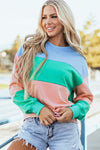 Trendy Women's Pastel Colorblock Sweatshirt - Relaxed Fit with Stylish Drop Shoulder and Blossom Patchwork Design