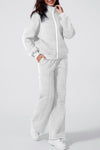 Women's Light Grey Activewear Set: Drop Shoulder Zip-Up Jacket & Drawstring Pants for Stylish Comfort in Fitness