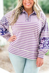 Plus Size Women's Floral Patchwork Long Sleeve Top in Purple Stripe with O-Ring Zip Neck and Stylish Collar