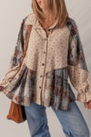 Women's Boho Floral Patchwork Shacket in Ashleigh Blue with Ruffled Sleeves & Distressed Knit Detail for Trendy Layering