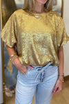 Stylish Women's Gold Metallic Blouse with Short Puff Sleeves – Comfortable Loose Fit for Casual or Dressy Occasions