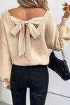 Chic Women's Apricot V-Neck Sweater with Lantern Sleeves and Knot Back Detail for Stylish Fall Outfits