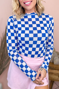Women's Elegant Dark Blue Sheer Mesh Blouse with Heart Print - Chic Long Sleeve High Neck Plaid Top for Casual Wear