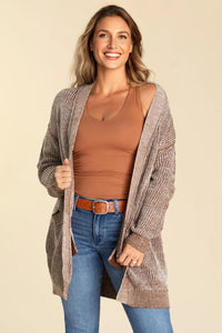 Straw Yellow Solid Open Knit Cardigan with Pockets