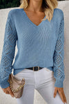 Chic Women's Beau Blue V-Neck Pointelle Knit Sweater with Trendy Patchwork Sleeves for Effortless Layering and Style