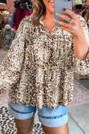 Chic Women's Khaki Leopard Print Long Sleeve Blouse with Beaded V-Neck Tie - Perfect for Casual or Dressy Occasions