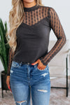 Chic Women's Dark Grey Sheer Long Sleeve Top with Textured Knit & Lace Patchwork for Effortless Style