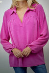 Women's Bright Pink Long Sleeve V-Neck Polo Top - Twisted Ribbed Design for Stylish Comfort on Casual Outings