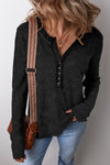 Chic Women's Black Acid Wash Waffle Knit Long Sleeve Top with Buttoned Neckline for Effortless Casual Style