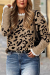 Trendy Plus Size Women's Brown Leopard Knit Sweater with Lacy Trim & Cuffed Sleeves for a Chic Look