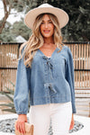 Stylish Women's Classic Blue Puff Sleeve Denim Top - Comfortable Fit for Casual Outings and Everyday Wear