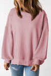 Chic Women's Pink Oversized Waffle Knit Top with Bishop Sleeves & Side Split for Effortless Casual Style