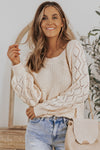 Chic Beige Women's Hollow-Out Knit Sweater with Puffy Sleeves – Cozy Fall Fashion Essential for Stylish Ladies