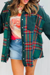 Women's Green Plaid Tweed Corduroy Shacket with Raw Hem - Trendy Overshirt for Casual Fall Looks and Layering