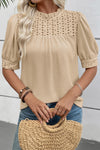 Women's Stylish Parchment Knit Blouse with Eyelet Embroidery, Ruffled Neck, and Short Sleeves for Effortless Chic