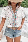 Women's White Geometric Embroidery Hollow Out Blouse - Stylish Summer Top with Trendy Cut-Out Design
