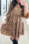Women's Summer Khaki Leopard Print Mini Dress with Ruffled Sleeves, V-Neck, and Relaxed Fit for Stylish Outings