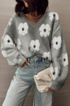 Cozy Women's Oversized Gray Floral Print Sweater with V-Neck and Drop Shoulders for Effortless Casual Style