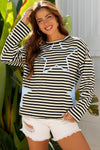 Women's Effortless Style Black Striped Knit Top with Starry Patch, Drop Shoulder & Raw Edge for Casual Chic Looks